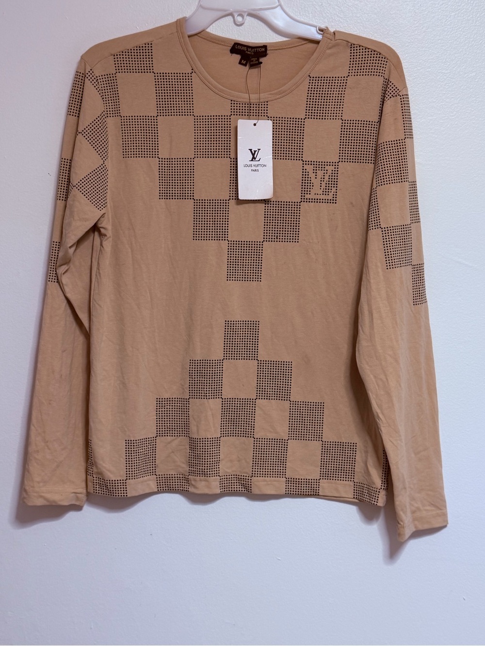 Louis Vuitton Beige Long-Sleeve Perforated Checkerboard Cotton Tee